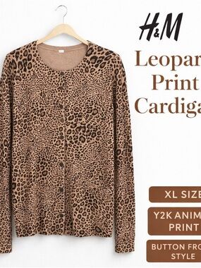 🤎 H&M Leopard Print Cardigan XL Button Front Y2K Animal Sweater